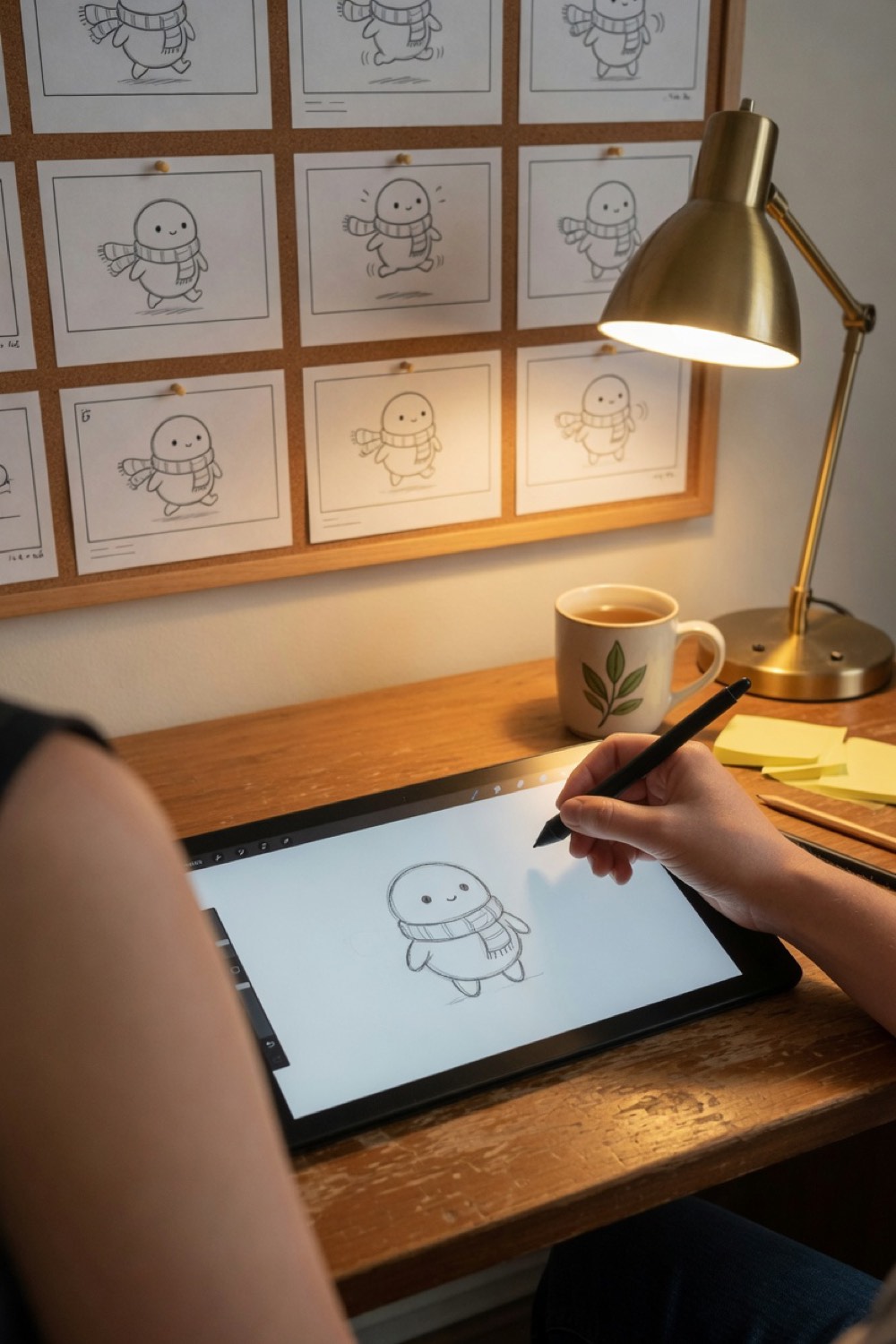 A person drawing a character on a tablet, with storyboard frames on the wall.