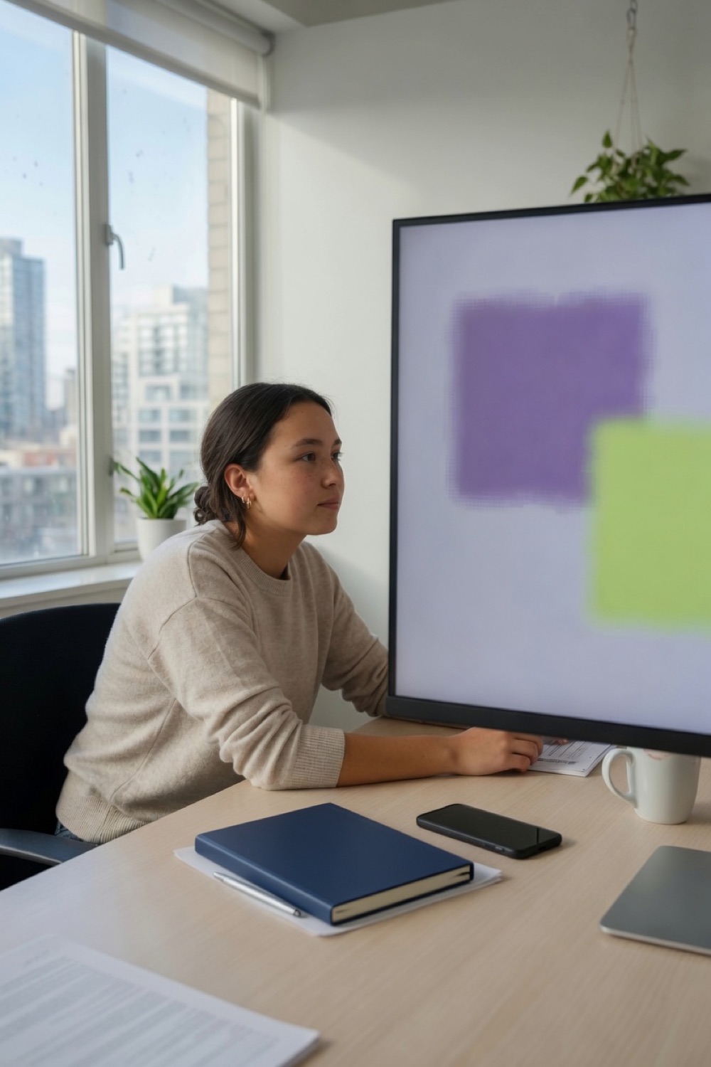 A person at a desk facing a monitor of violet and lime blocks.